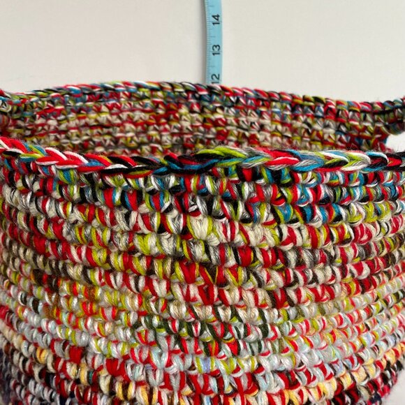 Hand Crochet Multicolor Double Handle Scrap Yarn Storage Basket 12"x13" - Picture 4 of 6